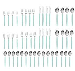 Mainstays 49 Piece Stainless Steel and Plastic Flatware Set with Tray, Teal Blue, Service for 8
